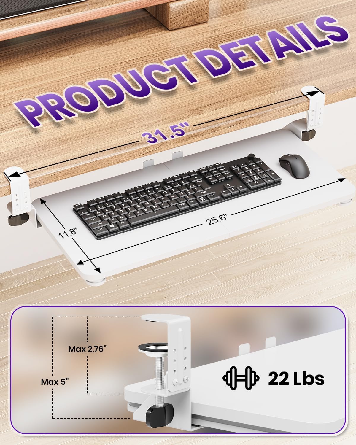 Ergonomic Keyboard Tray Under Desk, 25.6x11.8 Inch Board, White