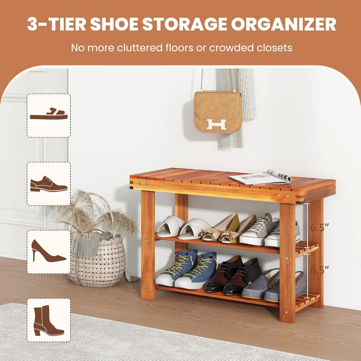 tangkula acacia wood 3-tier shoe rack bench, walnut, package contents