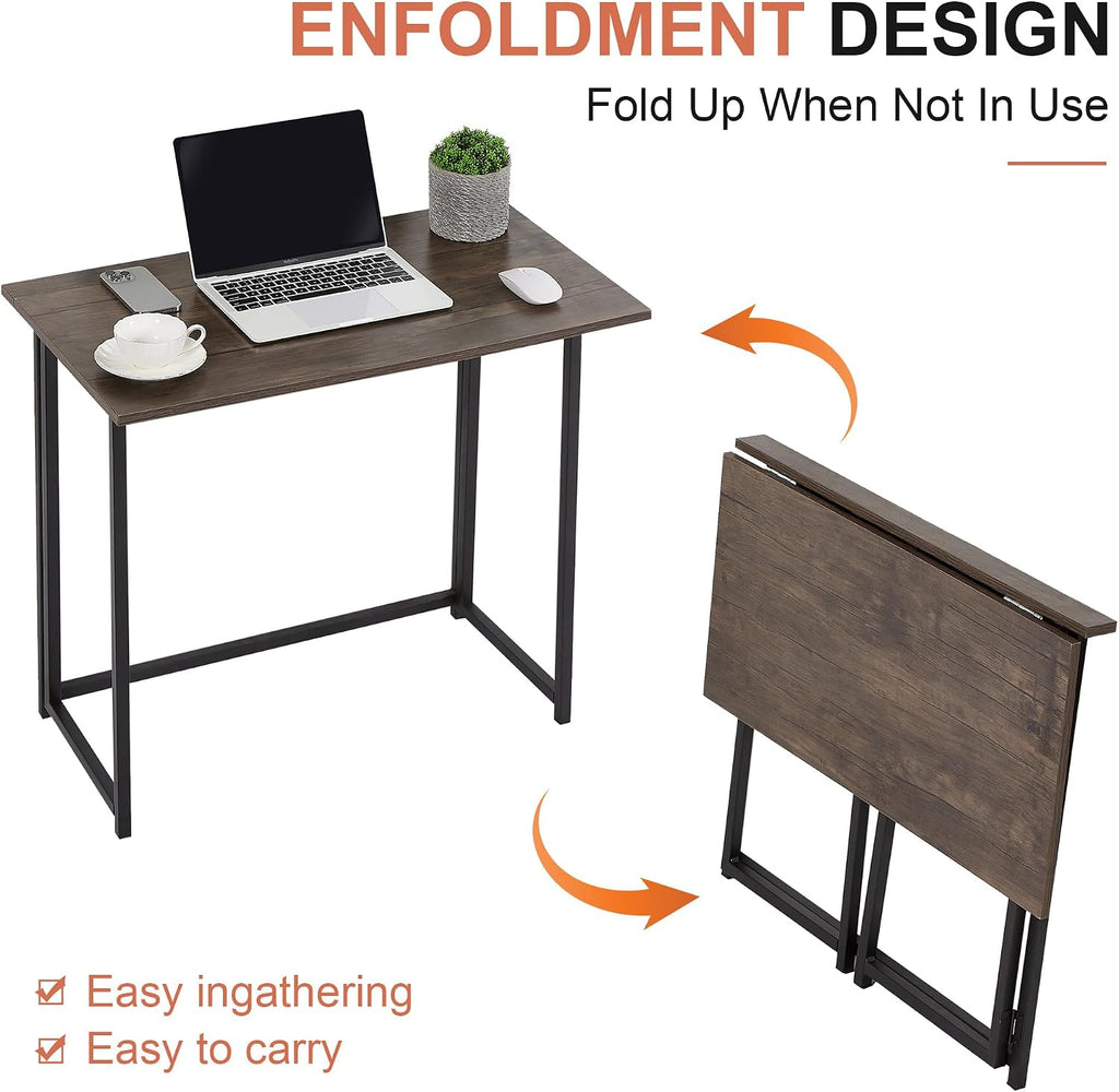 VECELO Folding Desk 31.5 Inch Writing Desk Home Office Sturdy Steel Laptop Table for Home Office Work Classic Brown