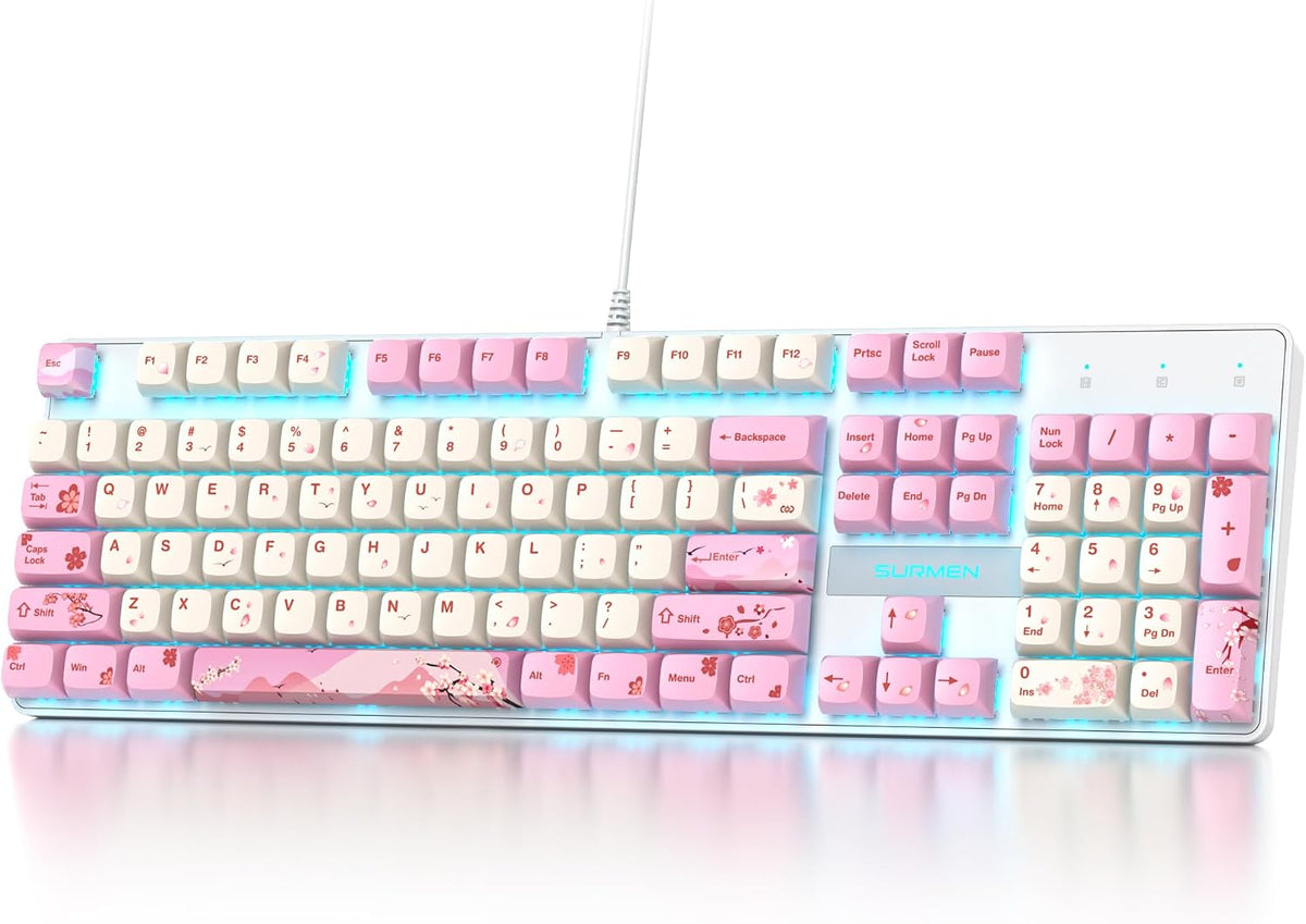 Wired Full Size Pink Mechanical Keyboard 104 Keys Creamy Keyboard with Number...