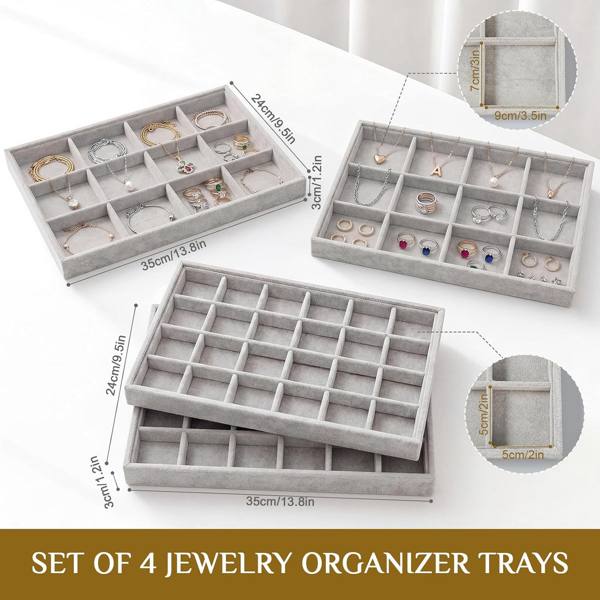 Unittype Set of 4 Stackable Jewelry Organizer Trays, 24+12 Grid, Gray