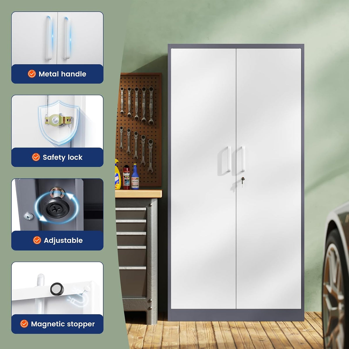 yizosh metal garage storage cabinet with 2 doors, side view