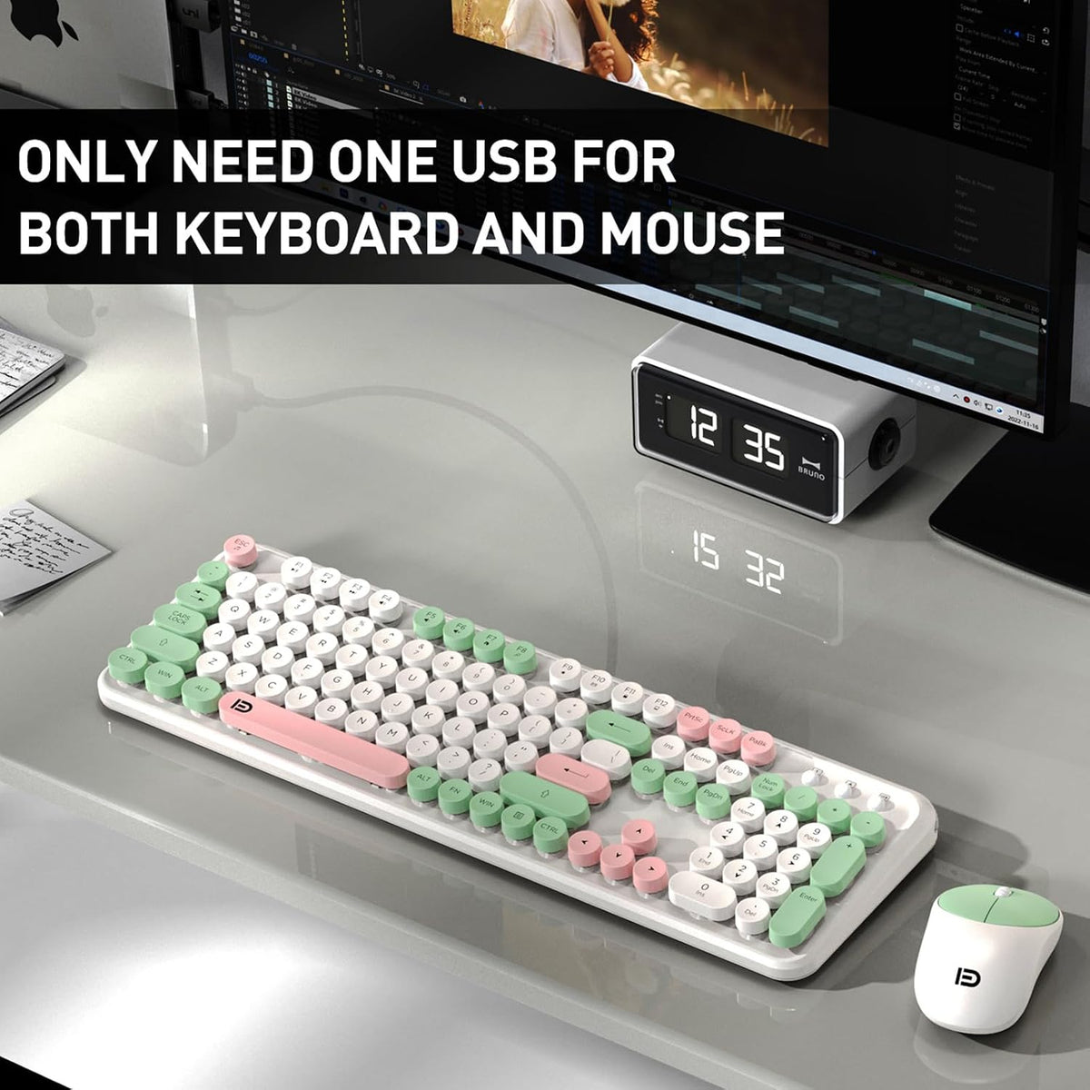 Wireless Keyboard and Mouse Set, 105 Keys Full-Size Cute Colorful Keyboard an...