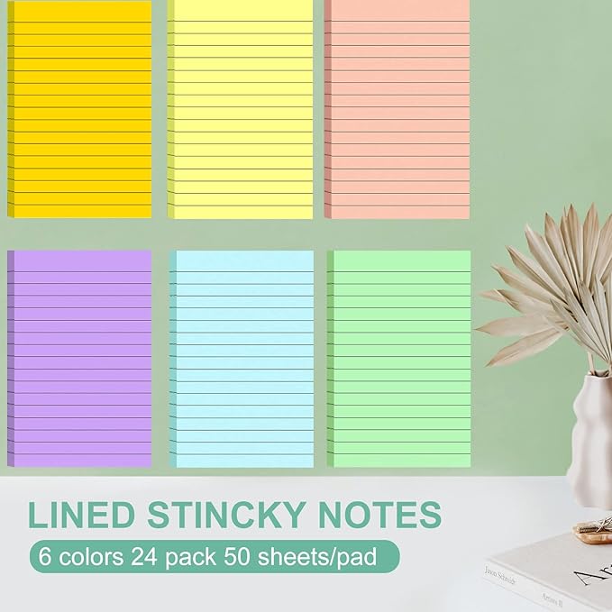 24 Pack Lined Sticky Notes 4X6 in Self Sticky Note Pads Colorful Post Stickies - Image 3