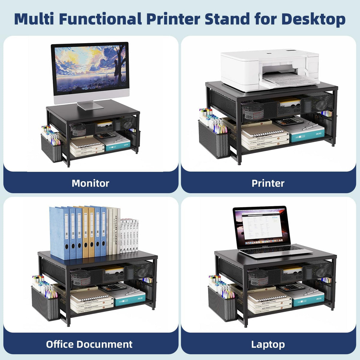 Metal Desktop Printer Stand with Storage Drawer & 2 Pen Holders,2 Tier Ho...