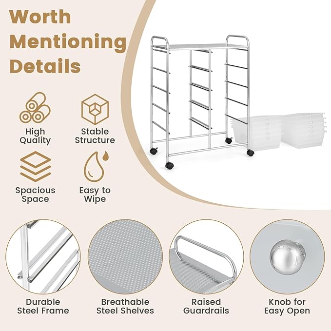 HAPPYGRILL 10-Drawer Rolling Storage Cart, Storage Organizer Cart - Image 3