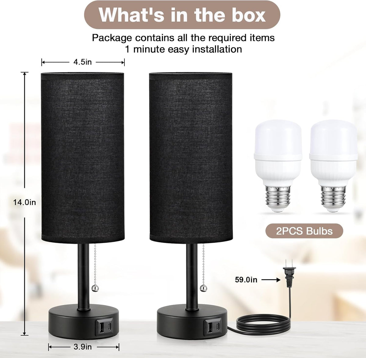 Black Bedside Lamp for Bedroom Nightstand - Small Table Lamp Set of 2
