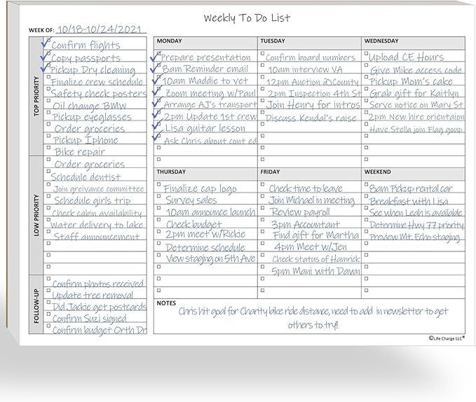 Life Charge Weekly To Do List Planner Notepad, 60 Page Task Planning Pad by LifeCharge