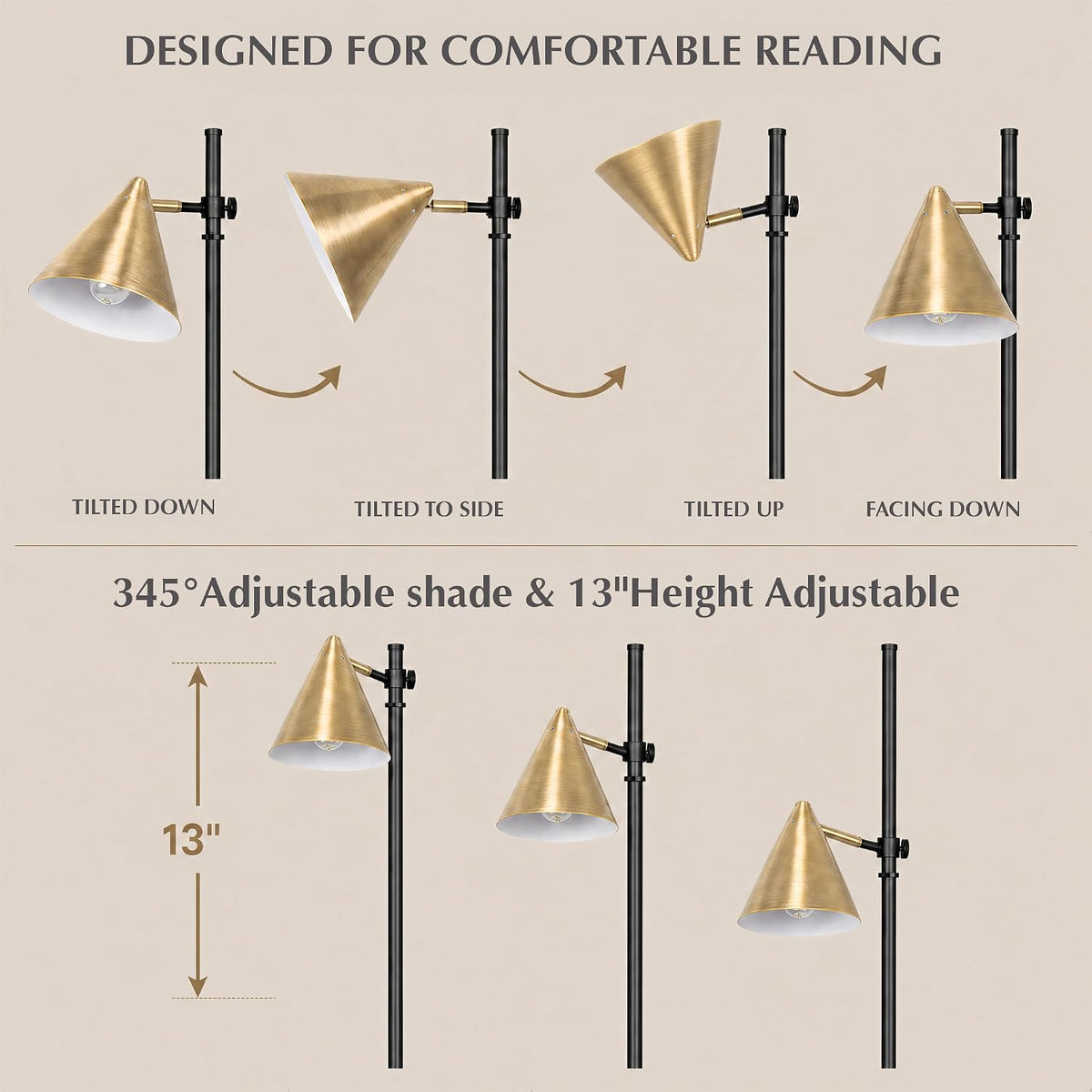 HarvestLand Noah 59" Brass Reading Floor Lamp, Adjustable Over Chair Lamp