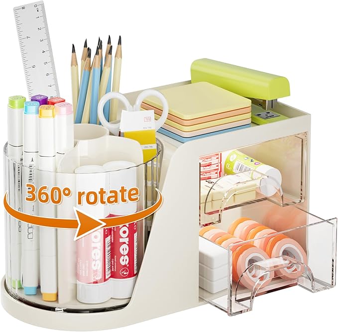 Marbrasse Desk Organizer with 2 Drawer, 360°Rotating Pen Holder, Desk by Marbrasse