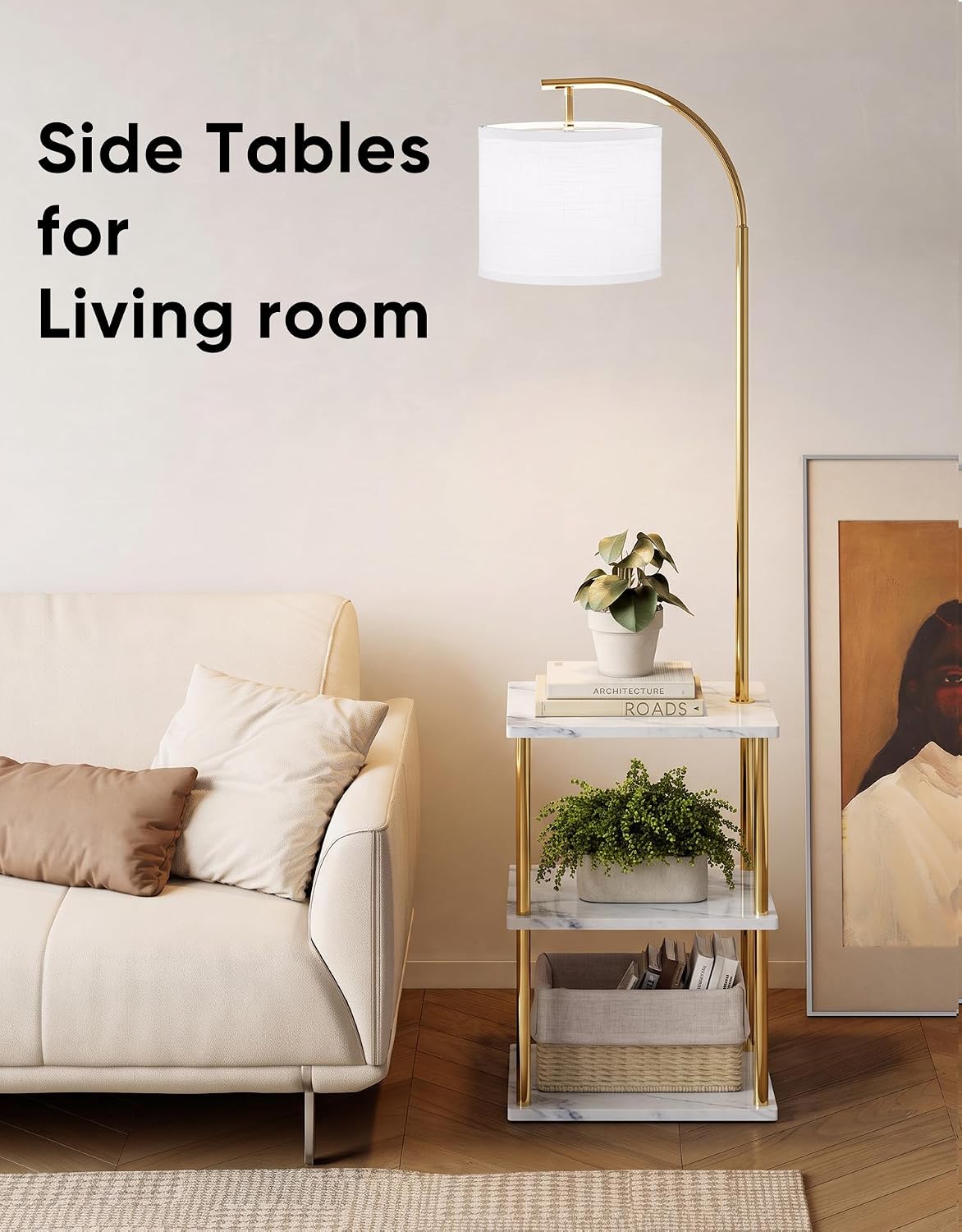 PARTPHONER Floor Lamp with Table, Night Stand with Lamp, Narrow Side Table wi...