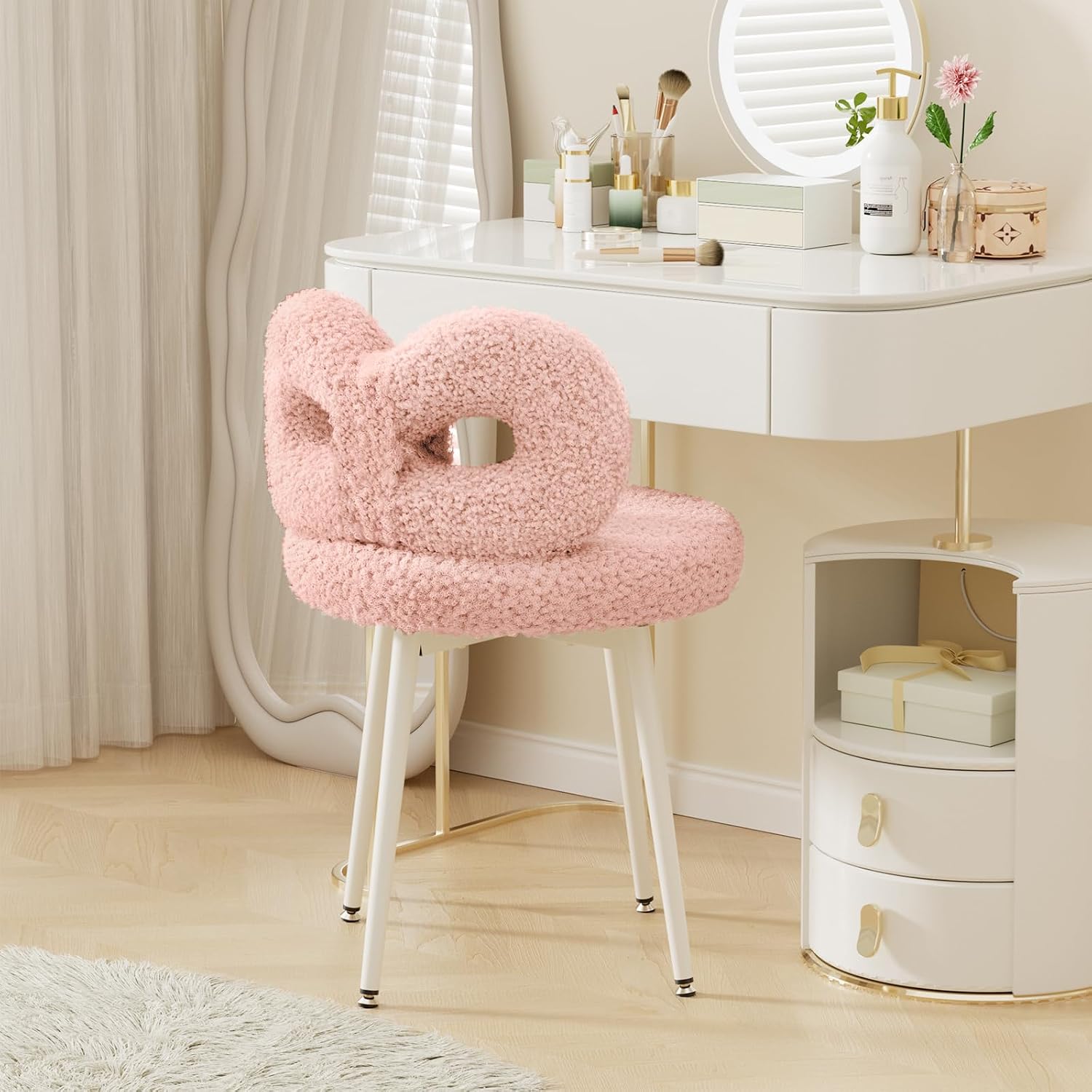 ROOMTEC Swivel Vanity Chair with Back, Upholstered Desk Chair for Girls, Modern Makeup Vanity for Bedroom, Living Room (Pink)