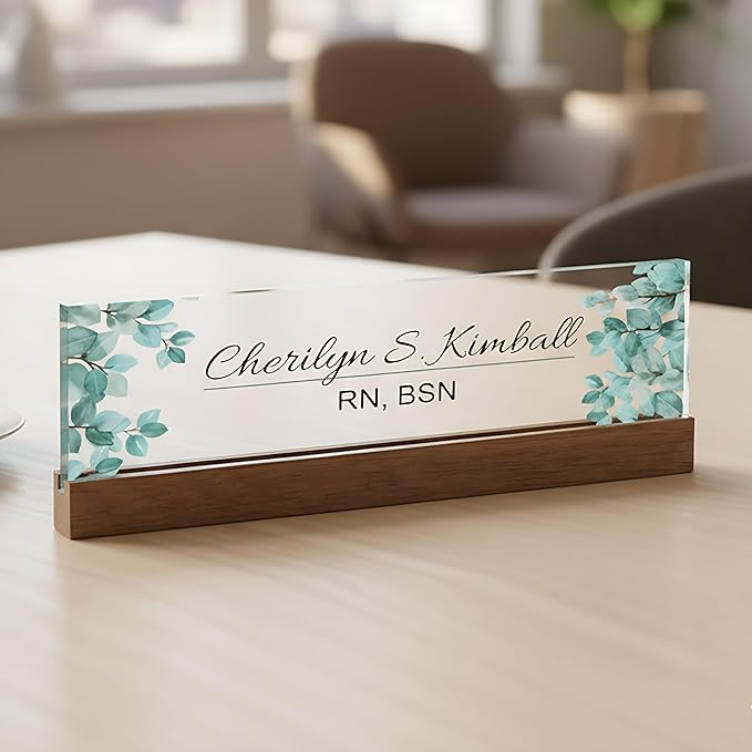 ARTBLOX | Office Personalized Name Plate Leaf V4 Design On Clear Acrylic Glass by Artblox