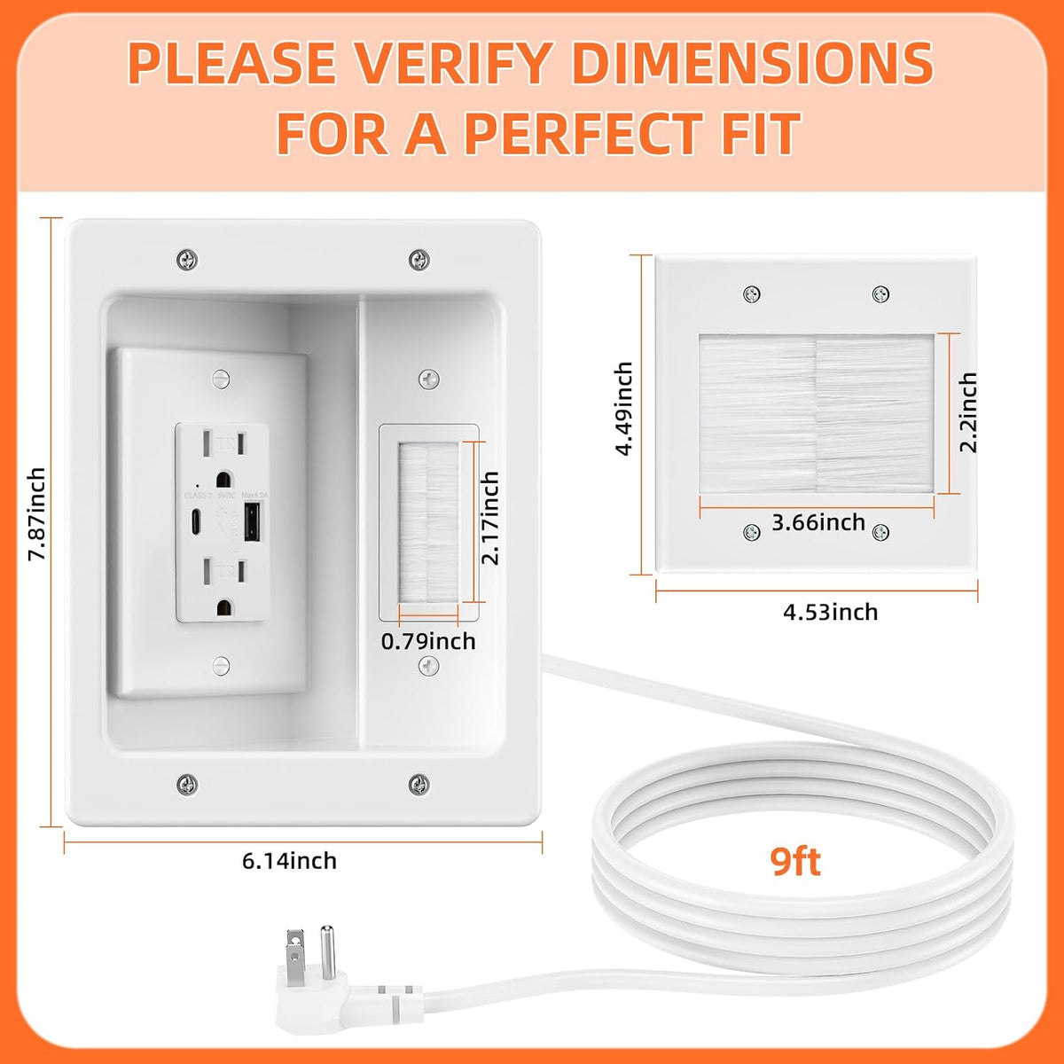 in Wall Cable Management Kit with Brush Wall Plate,AC Outlets & USB-A+USB...