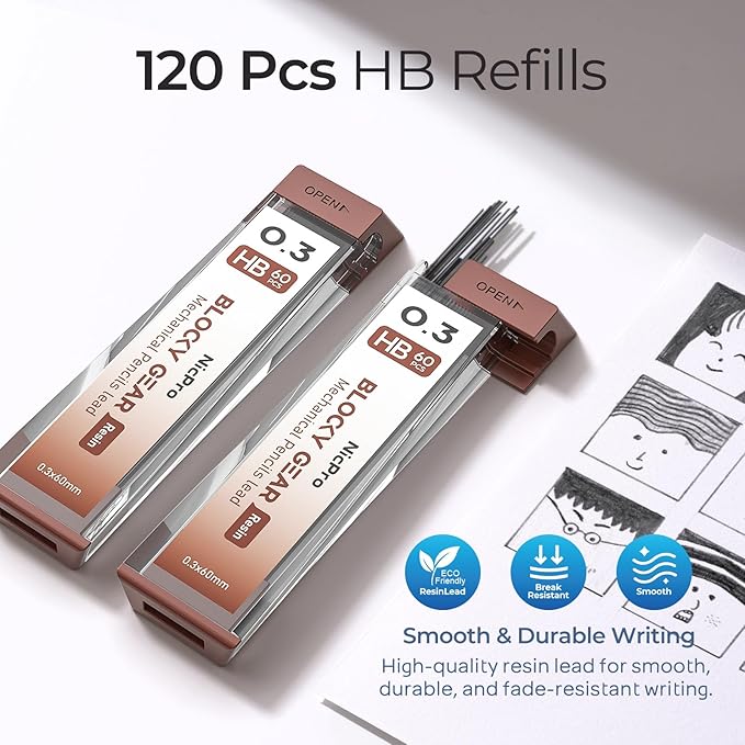 Nicpro Blocky Gear 0.3 mm Mechanical Pencils Set in Case, Metal Pencil - Image 3