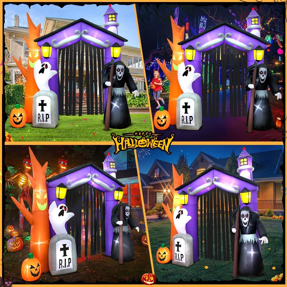9FT Halloween Inflatables Haunted House Castle Archway Decoration with Led Li...