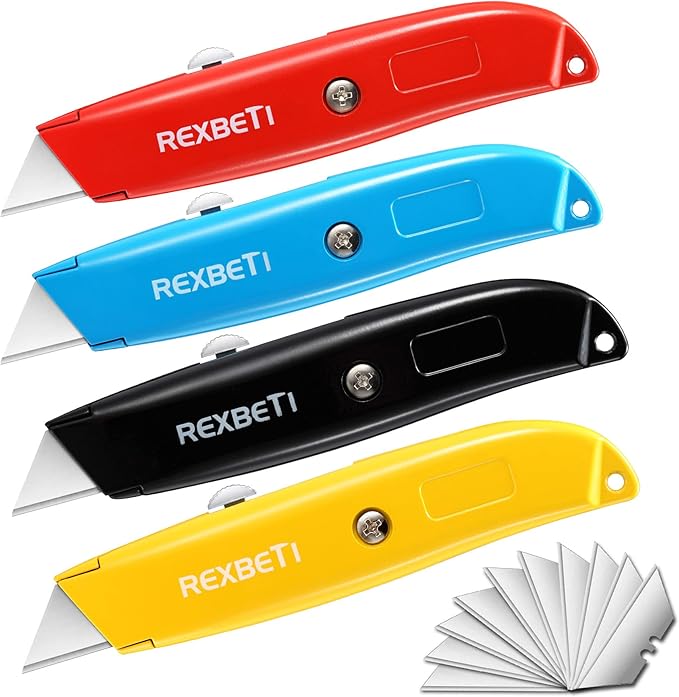 REXBETI 4-Pack Utility Knife, Heavy Duty Aluminum Shell Retractable Box Cutter by REXBETI
