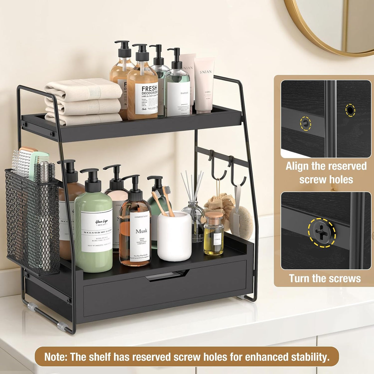 2-Tier Bathroom Counter Organizer with Drawer, Wood Counter Storage Shelf