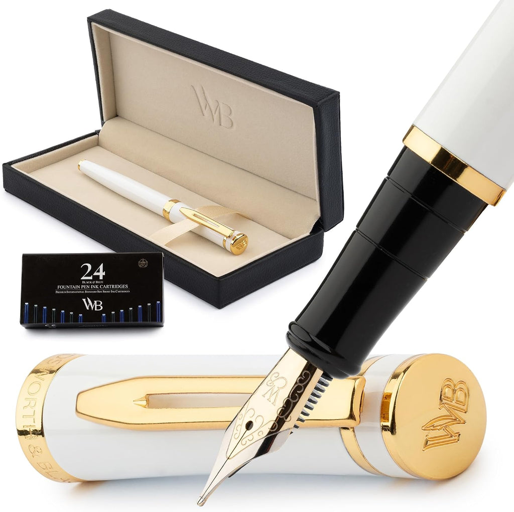 Wordsworth & Black Fountain Pen Set, 18K Gilded Medium Nib, Includes 24 Pack
