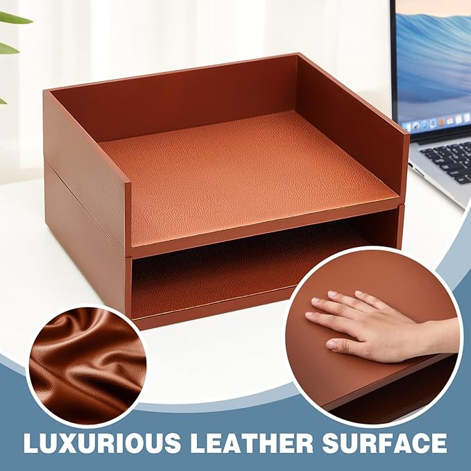 Yeaqee 2 Pcs Wooden Leather Stackable Letter Trays 13 x 10.6inch Luxurious - Image 4
