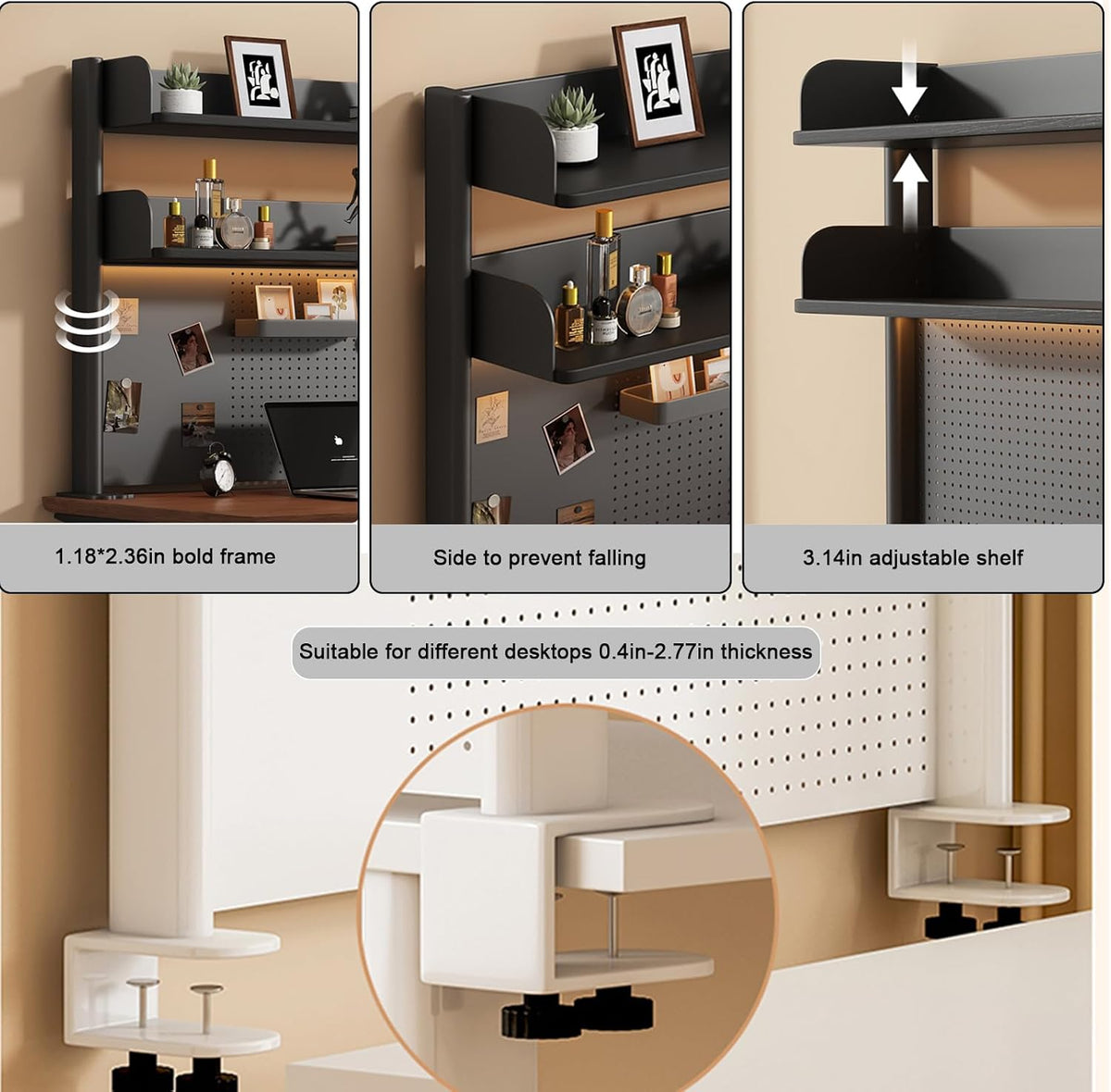 31.4in Clamp on Desk Shelf with Pegboard, White Desktop Bookshelf Organizer