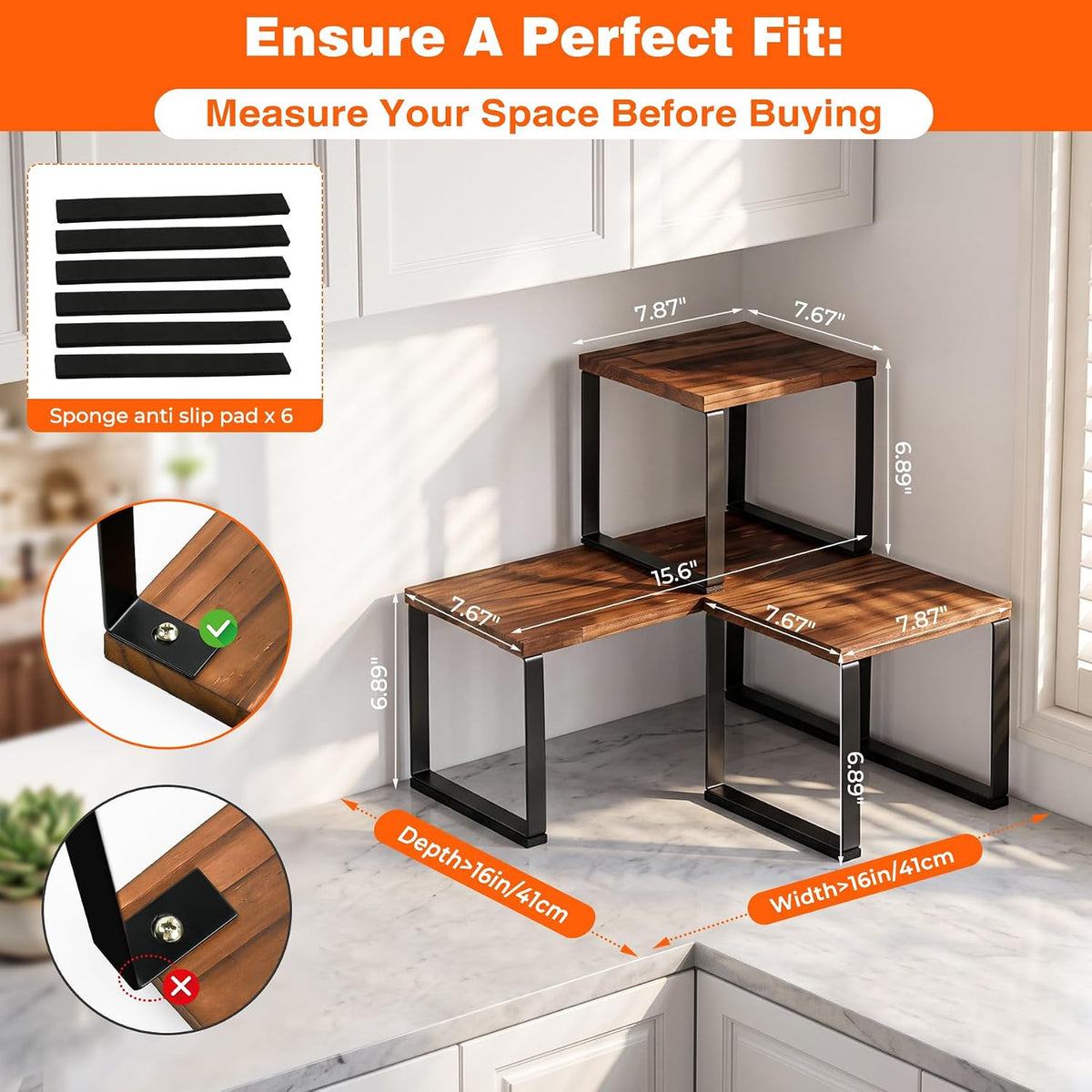 Countertop Organizer Corner Shelf, Wooden 2 Tier Stackable Kitchen Counter Sh...