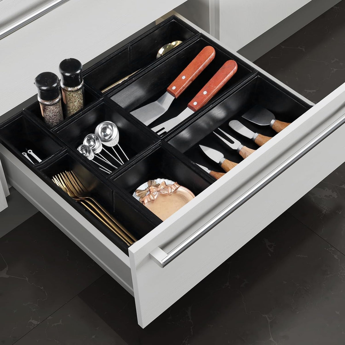 Bamboo Drawer Organizer Set, 8 PCS Black Multi-Use Drawer Storage Boxes, Junk...