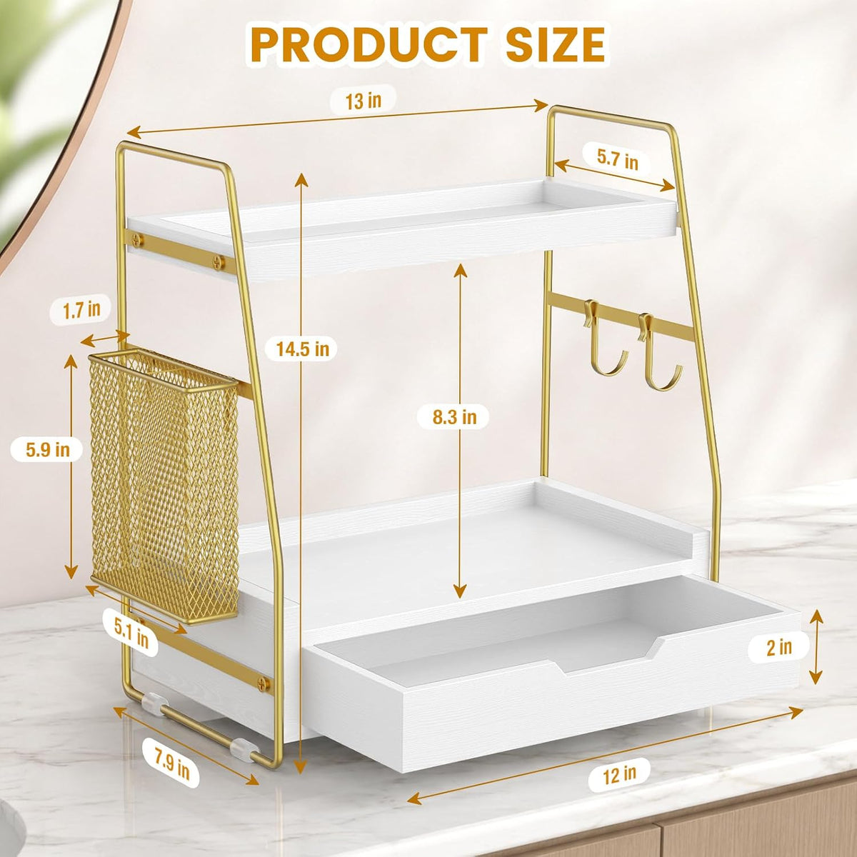 2-Tier Bathroom Counter Organizer with Drawer, Wood Counter Storage Shelf