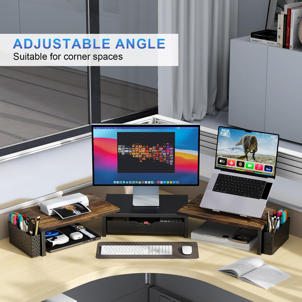 gianotter dual monitor stand riser with drawer and showing dimensions
