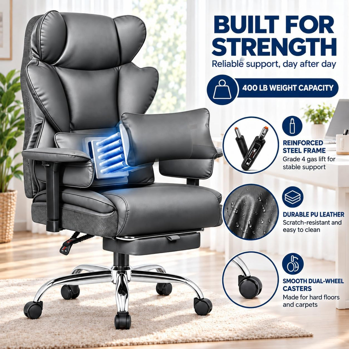 Big & Tall Office Chair 400 LBS with Lumbar Support & Footrest