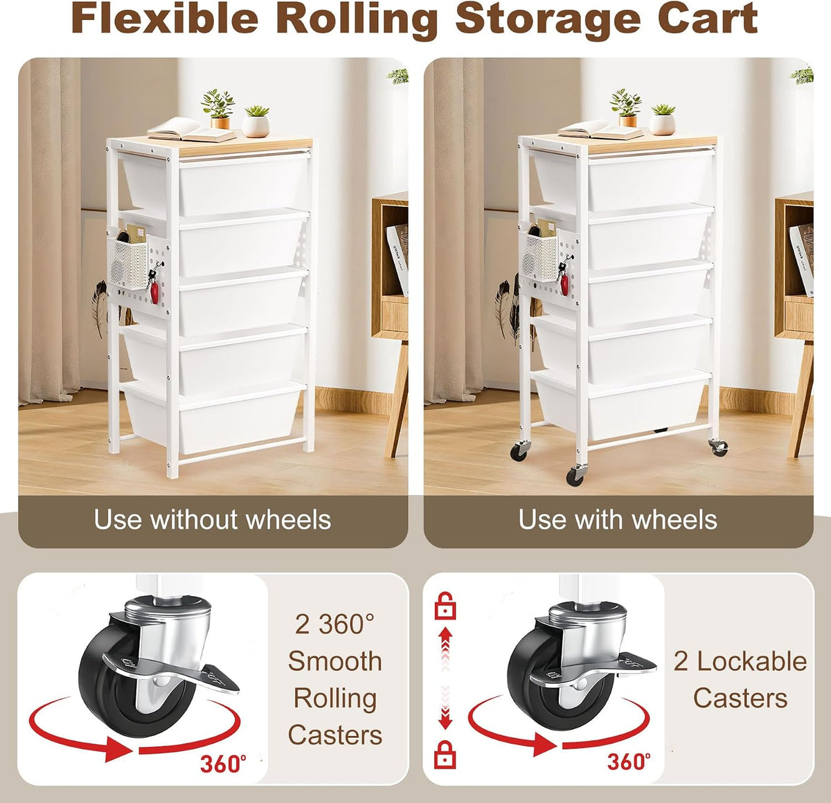 Rolling Cart with Drawers, Rolling Storage Cart with 5 Large Plastic Drawers ...