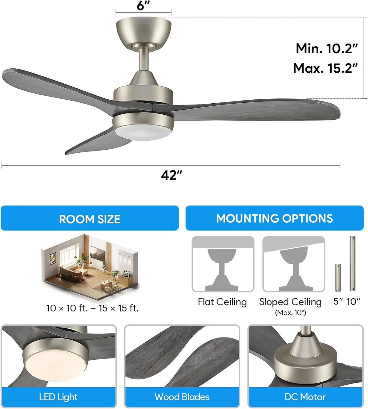 vonluce wood ceiling fan with lights 42 inch on a desk or shelf
