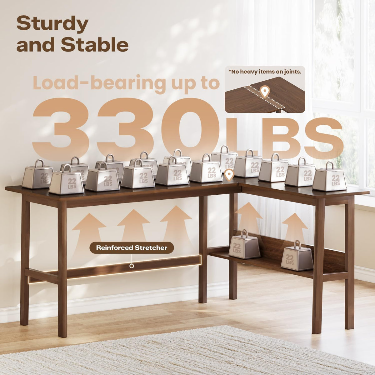 NELYE 63" Reversible L Shaped Desk with Shelf for Home Office, Walnut