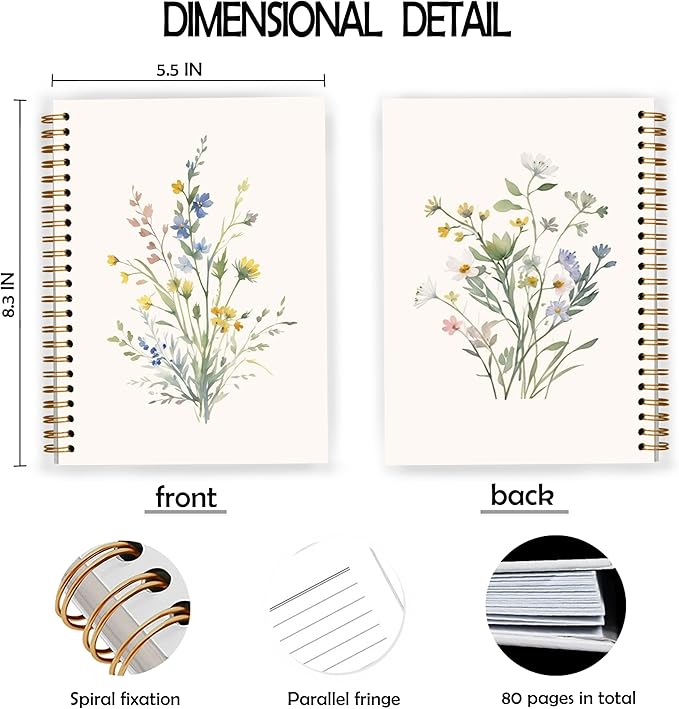 JWVK Vintage Wild Flower Spiral Notebook, Rustic Floral Botanical Notebooks - Image 2