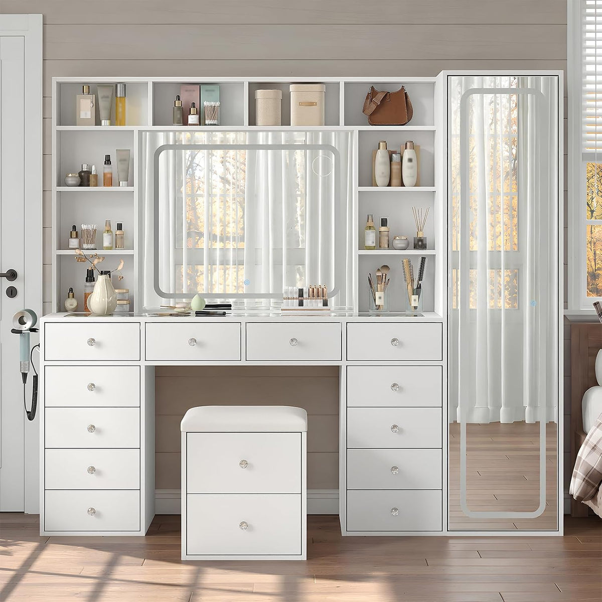 71'' Vanity Desk with LED Lights & Body Mirror, Hidden Cabinet, W...