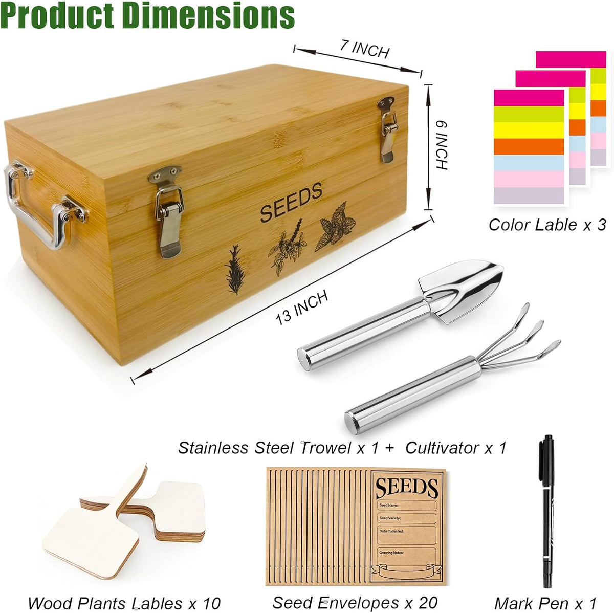 Natural Bamboo Seed Storage Organizer Box, Garden Tools Saving Kit