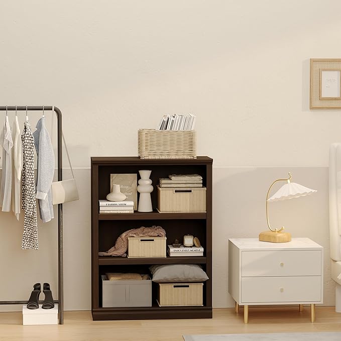 blini 3-Shelf Bookcase Wooden Bookshelves Dark Cherry 33in Wide Floor Standing - Image 8