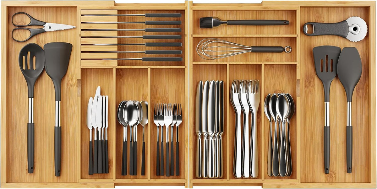 BAMEOS Expandable Silverware Drawer Organizer with Removable Knife Blocks, Ba...