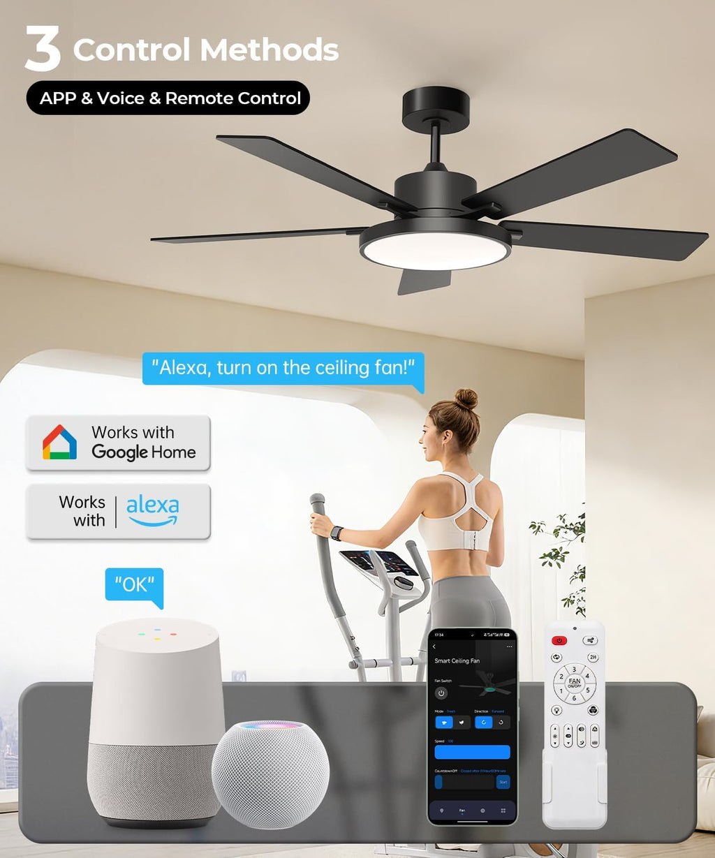 rgbcw smart 52" 2600lm led ceiling fan light shown in use