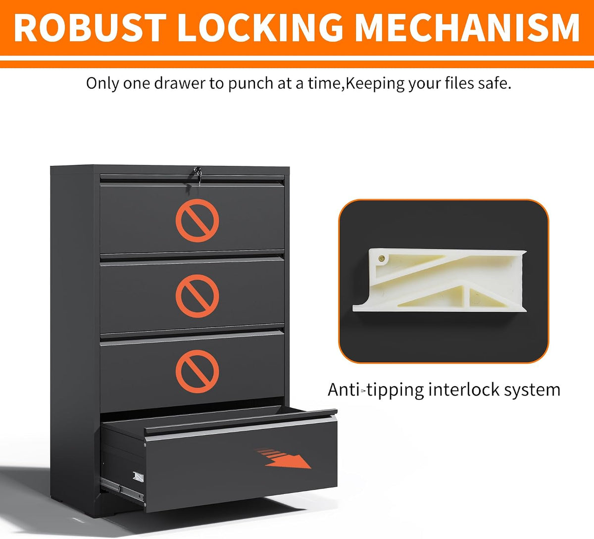 4 drawer lateral file cabinet with lock black showing dimensions
