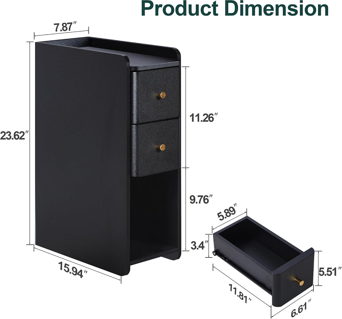 FurSch Narrow Nightstand, Wooden 2 Drawer, Slim Side End Table, Black, 1 pc