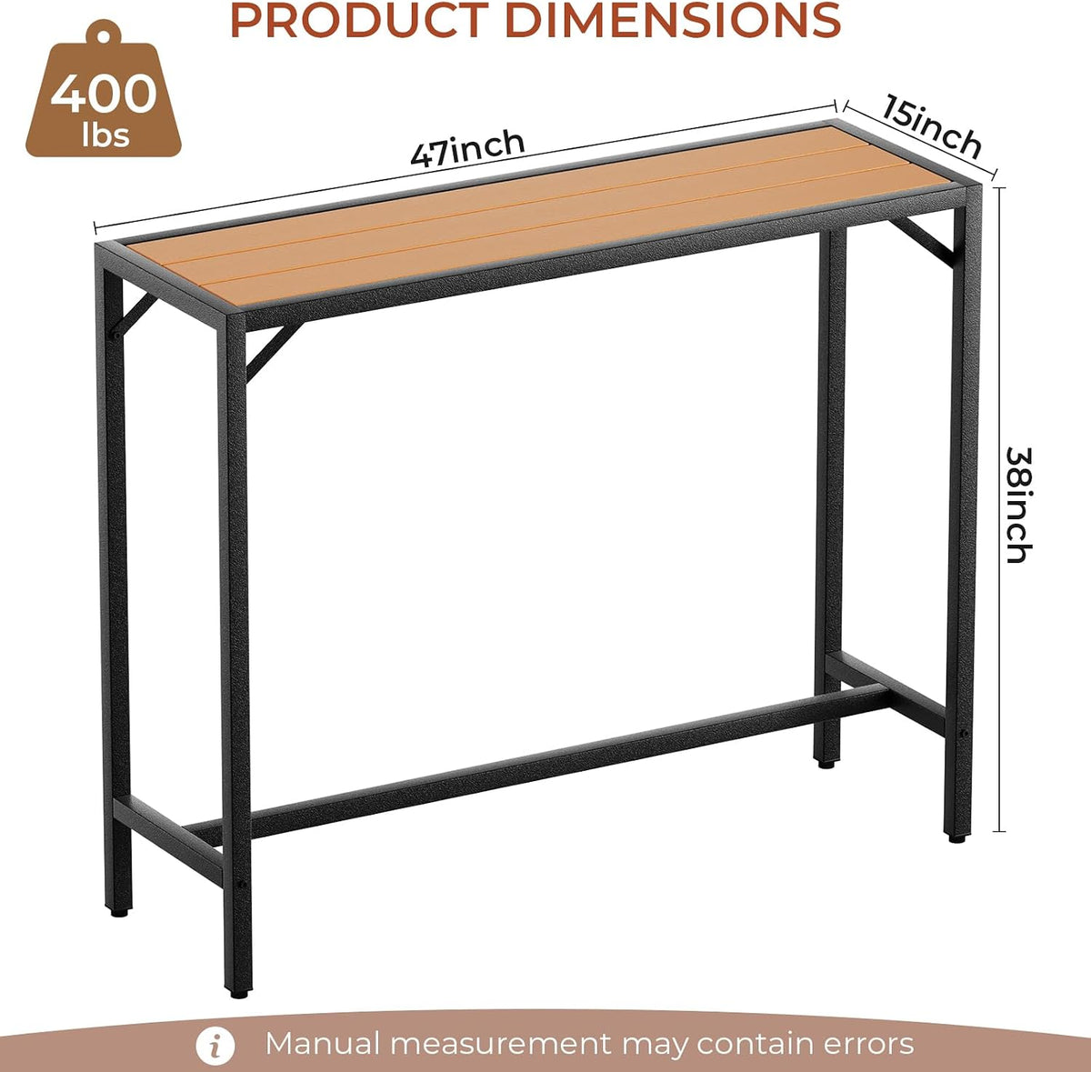 TLSUNNY 47" Patio Bar Table, Sturdy Outdoor Counter Height Table, Teak