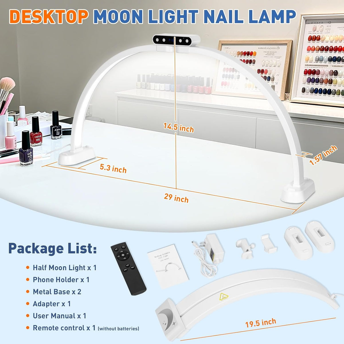 KIRKAS Half Moon Light for Nail Desk, 29in Foldable Nail Lamp for Desk