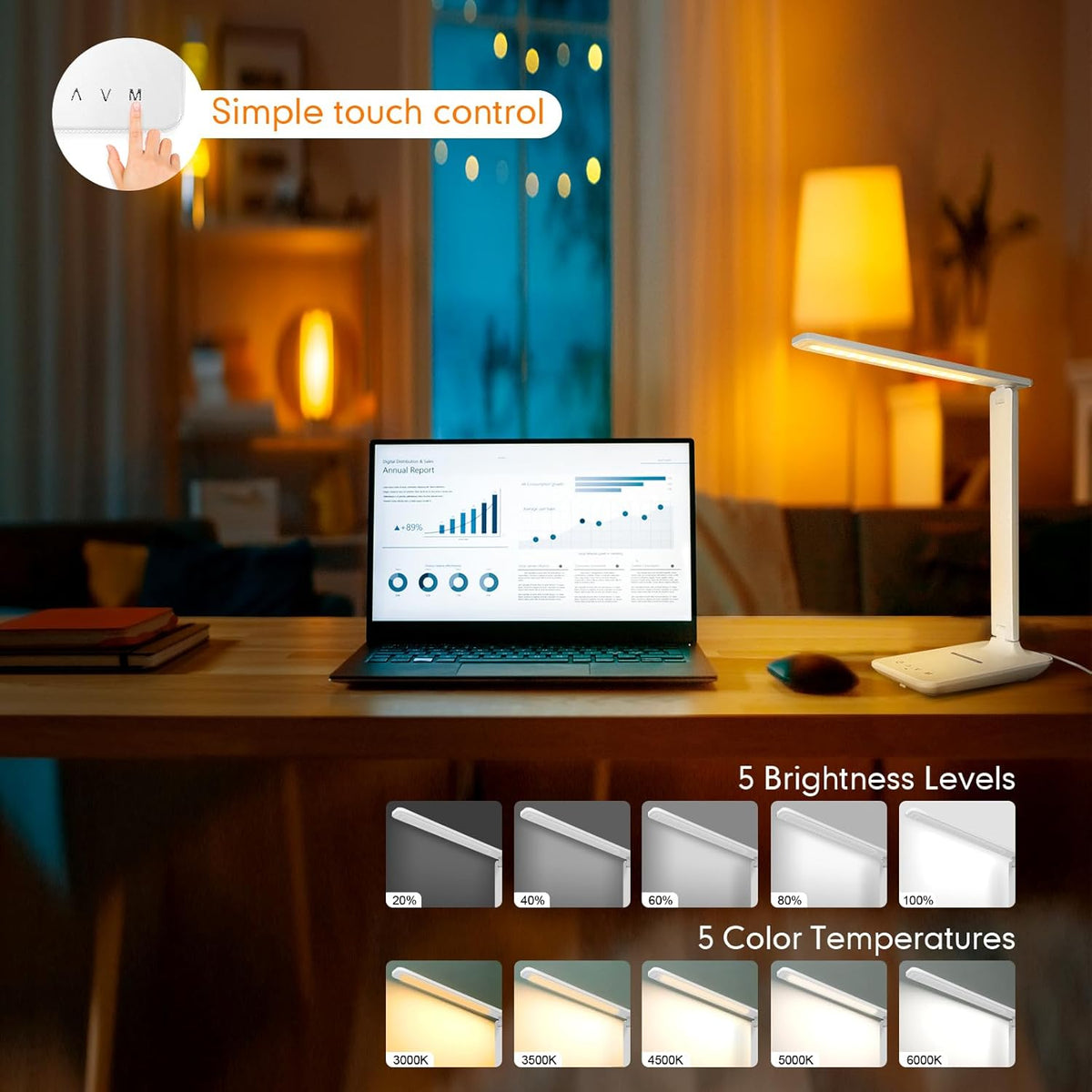 White crown LED Desk Lamp with 15W Wireless Charger & USB Port, Dimmable ...