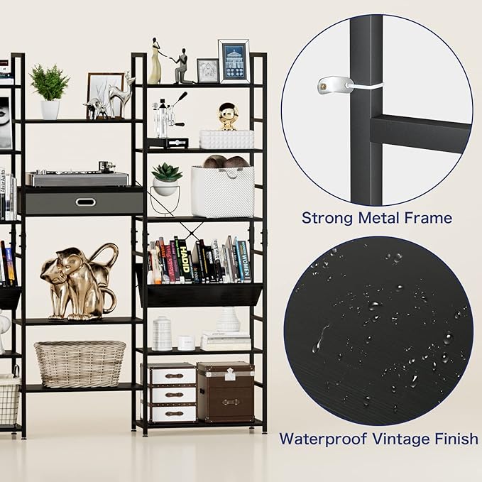 NUMENN Triple Wide 6 Tier Bookshelf, Adjustable Rustic Industrial Style Book - Image 7
