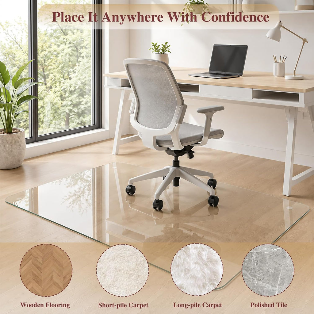Tempered Glass Chair Mat for Carpet, 30"x42" Clear Floor Mat | Office Chair Mat for Rolling Chairs Carpet & Tile Floor with Rounded and Polished Edges, Noise-Free Gliding Shatterproof