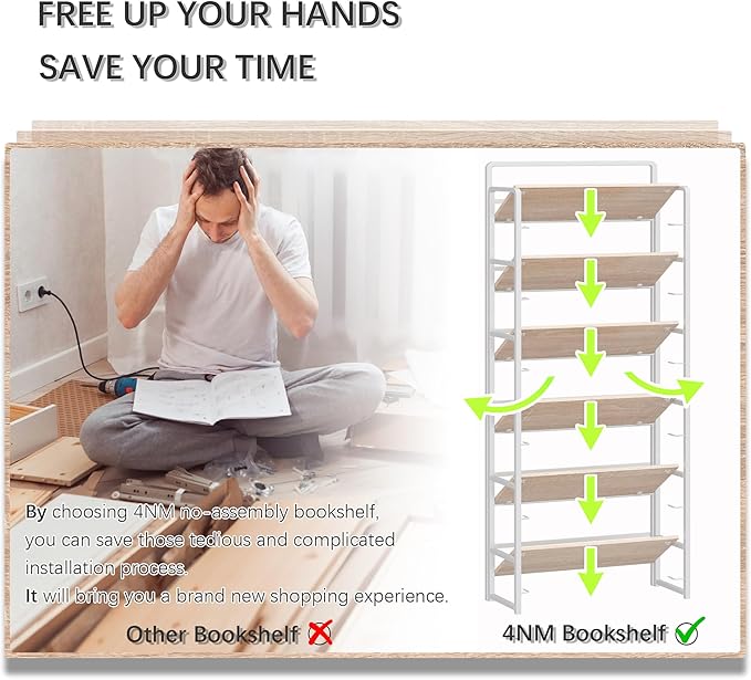 4NM No Assembly 6 Tiers Folding Bookshelf Storage Shelves Vintage Bookcase - Image 7