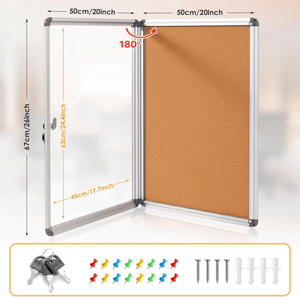 26x20 in Enclosed Bulletin Board Locking Corkboard, Silver Frame