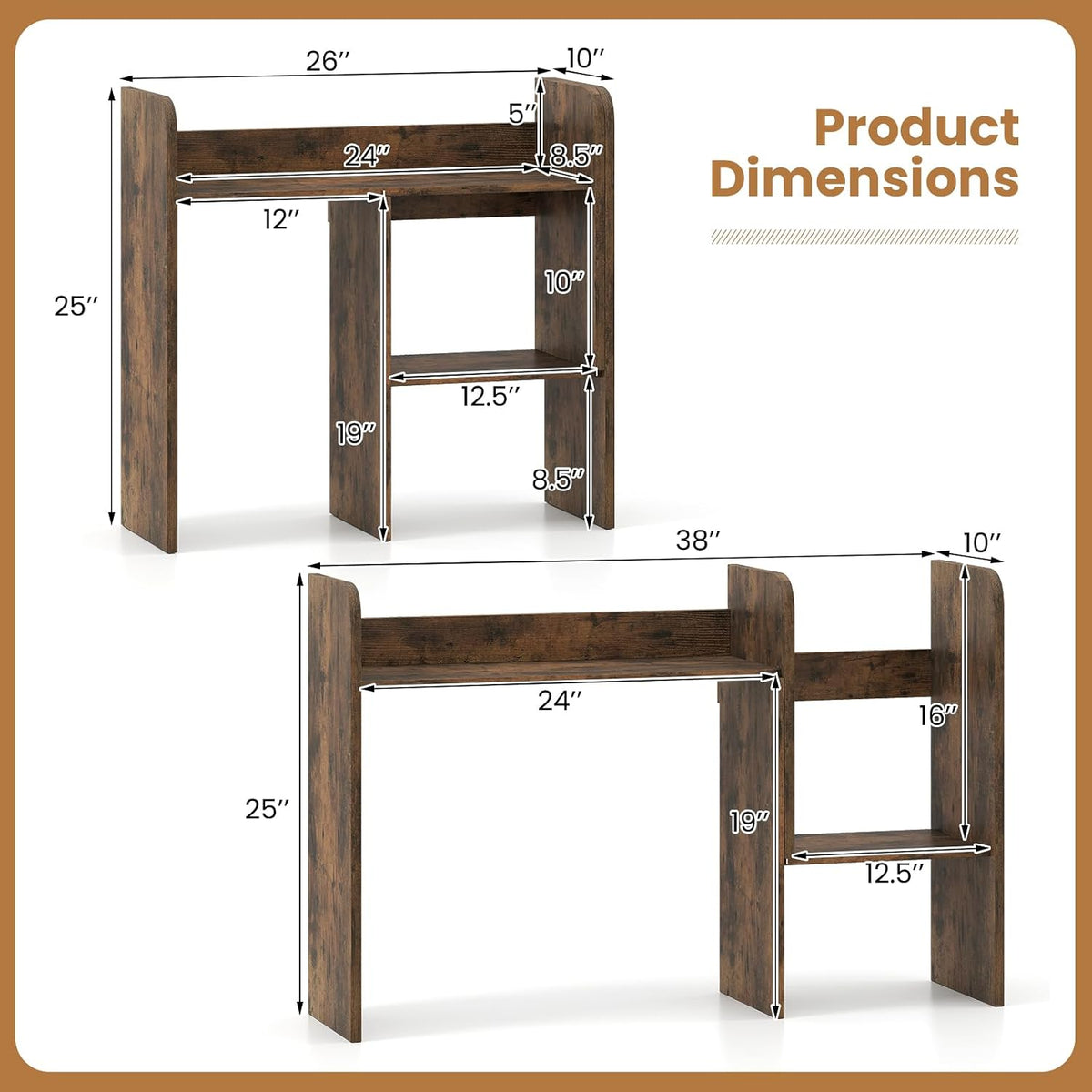 Tangkula Extendable Desktop Bookshelf, Dorm Desk Hutch, Rustic Brown