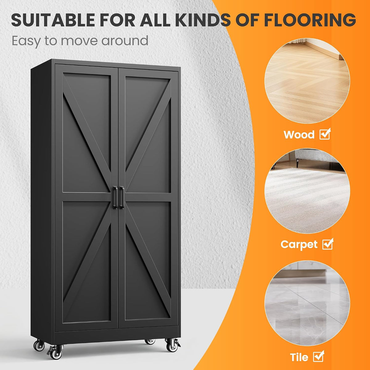 75" tall wheeled garage storage cabinet, rolling metal, package contents